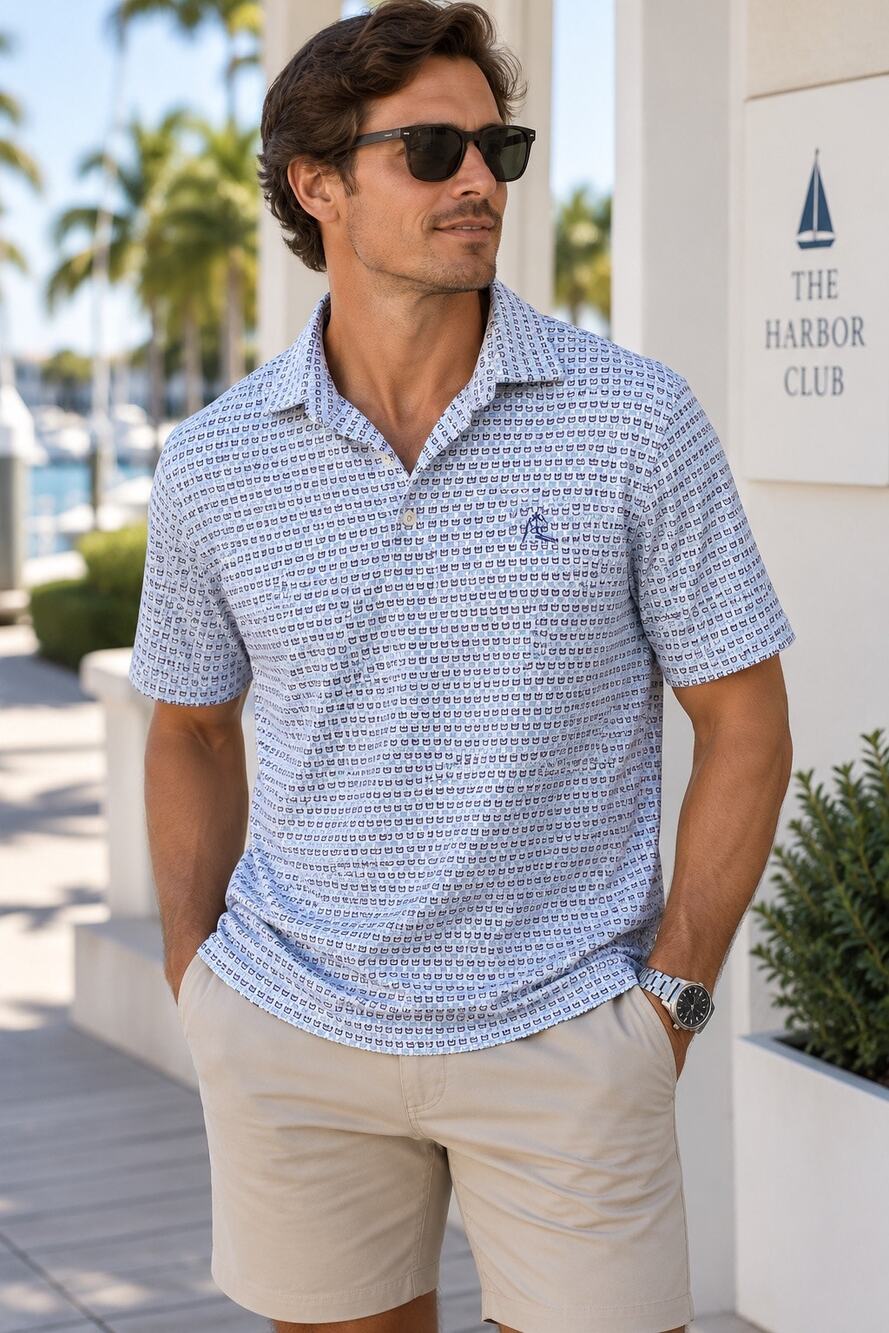 Rhoback Crown Print Short Sleeve Collared Performance Polo Shirt Blue Mens XXL
